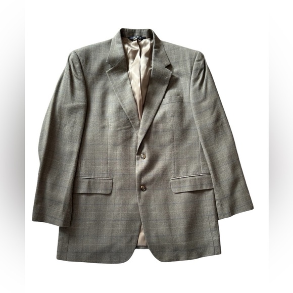 Jos A Bank 44L Brown Check Plaid Silk Wool Mens Blazer Sport Coat Jacket - Picture 1 of 8